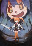  blue_eyes cross_mirage gloves gun hair_ribbon kouno_hikaru lyrical_nanoha mahou_shoujo_lyrical_nanoha_strikers mahou_shoujo_madoka_magica orange_hair orange_legwear parody ribbon style_parody subaru_nakajima teana_lanster thighhighs twintails weapon 