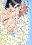  bare_back bare_shoulders black_hair blue blush breasts brown_hair couple eyes_closed hug kanzaki_hitomi kiss kissing love nipples nude pendant short_hair tagme tenkuu_no_escaflowne van_fanel wings 