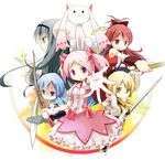  absurdres akemi_homura bad_id bad_pixiv_id bow_(weapon) bubble_skirt chibi everyone gun highres kaname_madoka kyubey magical_girl magical_musket mahou_shoujo_madoka_magica miki_sayaka multiple_girls no_nose polearm reaching rifle sakura_kyouko simple_background skirt sunyukun sword tomoe_mami weapon 