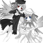  black_panties blue_eyes blush dual_persona greyscale hat lily_black lily_white long_hair monochrome multiple_girls panties pantyshot red_eyes smile spot_color touhou underwear usa_shouya wings 