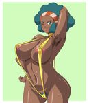  aloe_(pokemon) armpit_hair artist_request breasts cameltoe covered_nipples dark_skin green_hair highres large_breasts lipstick makeup mature nipples one_eye_closed pokemon pokemon_(game) pokemon_bw pubic_hair slingshot_swimsuit smile solo swimsuit very_dark_skin 