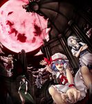  bat_wings beret blonde_hair blue_eyes blue_hair braid enmatime flandre_scarlet full_moon glowing glowing_eyes hat hong_meiling izayoi_sakuya long_hair maid maid_headdress moon multiple_girls night patchouli_knowledge purple_eyes purple_hair red_eyes red_hair remilia_scarlet ruins short_hair side_ponytail silver_hair touhou twin_braids wings wrist_cuffs 