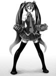  bare_shoulders boots clenched_hands detached_sleeves gauntlets greyscale hatsune_miku highres long_hair masn_(moxi) miniskirt monochrome necktie skirt solo thigh_boots thighhighs twintails very_long_hair vocaloid zettai_ryouiki 