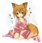  amber_eyes animal_ears blonde_hair canine fang female fox foxgirl hair kemonomimi kitsunemimi kneeling looking_at_viewer short_hair solo tail unknown_artist 