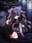  1girl black_legwear chinese_clothes crost crown dong_zhuo hands highres lantern nail_polish paper_lantern purple_eyes purple_hair sangokushi_taisen short_hair sitting thighhighs thighs touhaku 