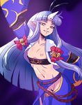  :3 arm_up bell blue_hair brown_eyes flat_chest hair_ornament horn hou_(hachiyou) long_hair midriff navel nipples no_panties pointy_ears pussy sarashi slit_pupils smile solo super_robot_wars super_robot_wars_og_saga_mugen_no_frontier suzuka_hime uncensored very_long_hair wardrobe_malfunction 
