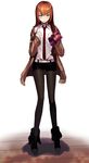  ankle_boots belt blue_eyes blush boots cardigan dress_shirt gift hanbun legwear_under_shorts long_hair looking_at_viewer makise_kurisu necktie pantyhose red_hair shirt short_shorts shorts solo steins;gate 