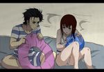  1girl ball beachball bikini black_hair blush brown_hair innertube long_hair makise_kurisu mori_shin_risuku okabe_rintarou sitting steins;gate swimsuit 