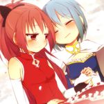  bad_id bad_pixiv_id bare_shoulders blue_hair bow cape closed_eyes detached_sleeves gloves hair_bow holding_hands long_hair magical_girl mahou_shoujo_madoka_magica miki_sayaka multiple_girls orange_(bibiko) ponytail red_eyes red_hair sakura_kyouko short_hair smile tears white_gloves 