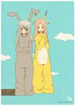  2girls animal_ears brown_hair cloud clouds costume eyepatch infinite_stratos laura_bodewig long_hair multiple_girls nohotoke_honne open_mouth red_eyes short_twintails silver_hair tail teeth twintails yellow_eyes 