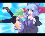  advent_cirno bad_anatomy bad_id bad_pixiv_id black_legwear blue_dress blue_eyes blue_hair blush boots bow cirno dress fang food fruit fujisaki_kaon hair_bow ice ice_wings ribbon short_hair solo sword thighhighs touhou watermelon weapon wings 