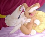  bed blush breasts brown female long_ears lopunny pillow pok&eacute;mon red_eyes solo unknown_artist 