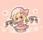  blonde_hair blush chibi fang flandre_scarlet hanuu_(kemomiku) hat heart kneeling open_mouth pink_skirt red_eyes side_ponytail skirt solo touhou wings 