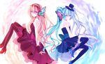  aqua_eyes aqua_hair bad_id bad_pixiv_id bare_shoulders bow bug butterfly dress formal hat hatsune_miku high_heels insect konnnaka long_hair magnet_(vocaloid) megurine_luka mini_hat mini_top_hat multiple_girls pantyhose pink_hair shoes sitting thighhighs top_hat twintails very_long_hair vocaloid 