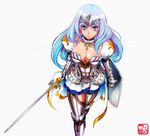  absurdres annelotte armor armored_dress breasts cleavage feet_out_of_frame gradient_hair green_eyes highres holding holding_sword holding_weapon isshi large_breasts looking_at_viewer multicolored_hair navel queen's_blade queen's_blade_rebellion shield solo standing sword thighhighs tiara weapon 
