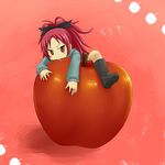  apple boots food fruit jewelry knee_boots lurid mahou_shoujo_madoka_magica oversized_food oversized_object ponytail red red_eyes red_hair ring sakura_kyouko solo 