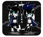  ahoge bikini_top black_hair black_rock_shooter black_rock_shooter_(cosplay) blue_eyes blush bow chains chibi cosplay frown glowing glowing_eyes hair_bow hair_tie highres jacket kagamine_len kagamine_rin ponytail scar short_hair siblings smile twins vocaloid 