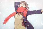  bad_id bad_pixiv_id blush breath brown_hair closed_eyes jacket kawai_makoto looking_up open_mouth original outstretched_arm red_scarf scarf school_uniform snow solo upper_body 