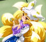  blonde_hair blush brown_eyes cupping_hands fang food fox_tail from_above hat inarizushi kazami_karasu kneeling short_hair solo sparkle sushi tail touhou yakumo_ran 