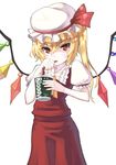 absurdres ascot bad_id bad_pixiv_id blonde_hair blood cup drinking drinking_straw flandre_scarlet frown hat highres mofu pout red_eyes short_hair side_ponytail slit_pupils solo touhou vampire wings 