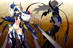  back blazblue blonde_hair blue_eyes crotch_plate dual_persona highres long_hair mecha_musume mu-12 multiple_girls navel noel_vermillion pauldrons revealing_clothes sword thighhighs tiara vane weapon 