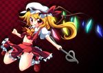  absurdres ascot blonde_hair checkered checkered_background fang flandre_scarlet geo_(yukishitadou) hat hat_ribbon highres laevatein midriff navel red_eyes ribbon side_ponytail solo touhou weapon wings 