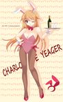  absurdres alcohol animal_ears bare_shoulders blue_eyes bottle bow bowtie breasts bunny_ears bunnysuit charlotte_e_yeager cleavage cup detached_collar drinking_glass hairband hand_on_hip high_heels highres himeya_no_marimo long_hair medium_breasts one_eye_closed orange_hair pantyhose shoes solo strike_witches tray wine wine_glass world_witches_series wrist_cuffs 