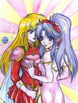  2girls armor back bare_shoulders blonde_hair blue_eyes blush cape dress earrings elbow_gloves embarrassed fire_emblem fire_emblem:_seisen_no_keifu fire_emblem_genealogy_of_the_holy_war gloves gray_hair grey_hair hug jewelry lachesis lachesis_(fire_emblem) lips long_hair looking_back multiple_girls necklace ponytail shy side_slit silver_hair skirt tiltyu tiltyu_(fire_emblem) yuri 