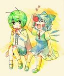  apple cirno closed_eyes food fruit holding holding_food holding_fruit multiple_girls touhou tsuga wriggle_nightbug 