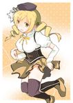  beret blonde_hair boots breast_poke breasts drill_hair hat large_breasts magical_girl mahou_shoujo_madoka_magica miyako_tart poking puffy_sleeves skindentation solo thighhighs tomoe_mami yellow_eyes zettai_ryouiki 