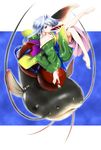  barefoot blue_hair breasts catfish cleavage cup fish gourd heterochromia japanese_clothes kimono lavolpe_(yagisaka_seto) long_hair medium_breasts namazu original oversized_object sakazuki solo yagisaka_seto 