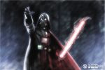  cape dark darth_vader energy_sword helmet highres lightsaber outstretched_hand rain star_wars sword text tree trees weapon 