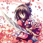  belt blue_eyes blue_vest borrowed_character bow brown_hair dress frown hair_ribbon half_updo lowres neigeblanc original petals pom_pom_(clothes) ponytail red red_background red_dress ribbon serious short_hair solo sword vest weapon 