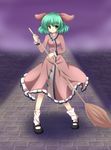  animal_ears bad_id bad_pixiv_id bamboo_broom broom dress green_eyes green_hair highres kasodani_kyouko kuromari_(runia) loose_socks mary_janes path road shoes short_hair smile socks solo standing touhou 