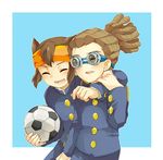  2boys annoyed blush brown_hair dreadlocks endou_mamoru eyes_closed frown goggles hairlocs headband hug inazuma_eleven inazuma_eleven_(series) kidou_yuuto long_hair multiple_boys open_mouth red_eyes school_uniform short_hair smile soccer 