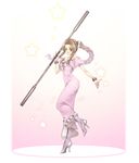  aerith_gainsborough bad_id bad_pixiv_id bare_arms bare_shoulders bow bracelet braid brown_hair choker cropped_jacket dissidia_012_final_fantasy dissidia_final_fantasy dress drill_hair final_fantasy final_fantasy_vii full_body green_eyes hair_ribbon high_heels jewelry koko-1109 long_dress long_hair multicolored_hair pink_dress pink_hair ribbon rod shoes sidelocks smile solo 