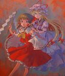  absurdres acrylic_paint_(medium) ama-tou ascot blonde_hair blue_eyes bow brown_hair detached_sleeves glowing glowing_eyes gohei hair_bow hakurei_reimu hands_on_shoulders hat highres long_hair looking_at_viewer multiple_girls short_hair tareme touhou traditional_media tsurime wide_sleeves yakumo_yukari 