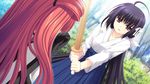  game_cg hananomiya_ako japanese_clothes long_hair nishimata_aoi sekai_seifuku_kanojo weapon yamino_yumeko 