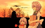  apple bag braid dual_persona food fruit izayoi_sakuya maid maid_headdress multiple_girls open_mouth shopping_bag silhouette smile sunset taiga_mahoukan time_paradox touhou tree twin_braids upper_body windmill younger 