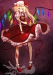  arm_hug ascot blonde_hair blood bobby_socks crystal fangs flandre_scarlet glowing hat highres injury issign laevatein long_hair mary_janes paint_splatter pigeon-toed purple_eyes shoes short_hair smile socks solo standing star touhou wings wrist_cuffs 