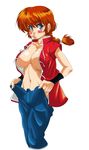  1girl blue_eyes blush braid breasts brown_hair chinese_clothes genderswap highres large_breasts legs long_hair looking_at_viewer navel no_bra open_clothes ranma-chan ranma_1/2 red_hair saotome_ranma simple_background standing tangzhuang white_background 