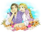  1girl blonde_hair braid brown_hair couple flower flynn_rider green_eyes hetero long_hair rapunzel_(disney) shinogu smile tangled yellow_eyes 