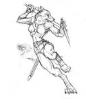  asheru canine dynamic female lupine scott_ruggels sketch solo sword sword_practice unconvincing_armour weapon wolf 