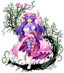  :o adapted_costume book capelet crescent h_kasei hat highres leg_ribbon long_hair patchouli_knowledge pointing pointing_up purple_eyes purple_hair ribbon solo thigh_ribbon touhou 