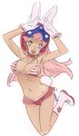  :d \o/ america animal_ears armpits arms_up bikini_top boots breasts bunny_ears bunny_tail copyright_request dark_skin ears_through_headwear gloves helmet long_hair medium_breasts navel nishieda open_mouth outstretched_arms pink_hair short_shorts shorts silver_eyes simple_background smile solo striped tail 