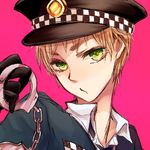  axis_powers_hetalia blonde_hair cuffs green_eyes hachi_(aimu) handcuffs hat male_focus police police_uniform simple_background solo uniform united_kingdom_(hetalia) 