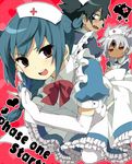  bad_id bad_pixiv_id baddap_sleed black_hair blush braid chiruku crossdressing elbow_gloves eska_bamel facial_mark frills gloves green_hair hat inazuma_eleven inazuma_eleven_(series) long_hair mistorene_callus multiple_boys nurse nurse_cap pantyhose red_eyes syringe tattoo white_hair white_legwear 