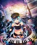  aqua_eyes aqua_hair fingerless_gloves gloves hat hatsune_miku headphones highres instrument keyboard_(instrument) long_hair lulu_season midriff navel project_diva project_diva_(series) smile solo thighhighs very_long_hair vocaloid 