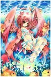  angel angel_wings bandages barefoot blood blush bubble cape copyright_request emperpep feet fish flat_chest halo light naked_bandage red_eyes red_hair short_hair solo traditional_media underwater water watercolor_(medium) wings 