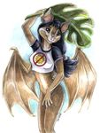  bat black_hair bottomless breasts cute female hair sara_palmer solo standing sunshade t-shirt wings 